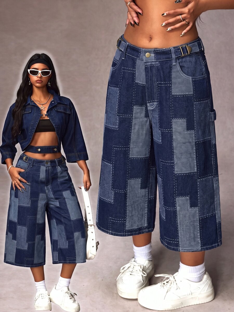 SHEIN ICON 大尺碼女款秋季休閒寬鬆斜口袋寬腿牛仔褲,Y2K風格鬆垮牛仔褲,秋季女裝 - 藍色 - 查看 1