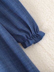 SHEIN 1件女童櫻桃印花丹寧風洋裝，彼得潘領、泡泡長袖、荷葉邊下擺，休閒百搭返校與日常穿著洋裝 - 藍色 - 查看 7