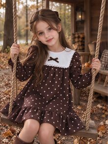 SHEIN 1件女童秋季新款清新風格寬鬆長袖洋裝，彈性袖口、精緻領口、後開口設計，休閒百搭返校大學郊遊洋裝 - 棕色 - 查看 3