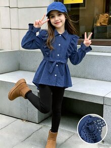 Tween Girl Fall Winter Ruffle Trim Long Sleeve Button Up Blouse Top And Pants 2pcs Set - Red - View 3