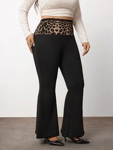 Enliva Plus-Size Women's Leopard Print Patchwork Black Stretch Flared Pants Apple,Rounded Body - Multicolor - View 4
