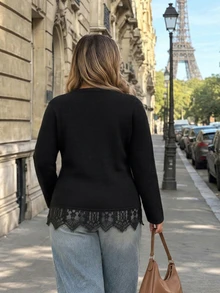 Vionelle Plus Size Round Neck Knit Cardigan Women, Hemline Patchwork Eyelash Lace 2 In 1 Long Sleeve Sweater Jacket, Spring/Autumn - Black - View 2