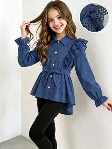 Tween Girl Fall Winter Ruffle Trim Long Sleeve Button Up Blouse Top And Pants 2pcs Set - Red - View 4