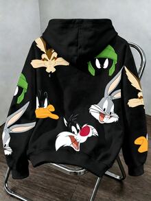 LOONEY TUNES X SHEIN Daypath Men's Plus Size Cartoon Print Hoodie - Black - View 2