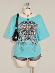 SHEIN ICON 大尺碼女款哥德風 90s Y2K 十字圖案 T恤 辦公穿搭 黑色 夏季 - 藍色 - 查看 5