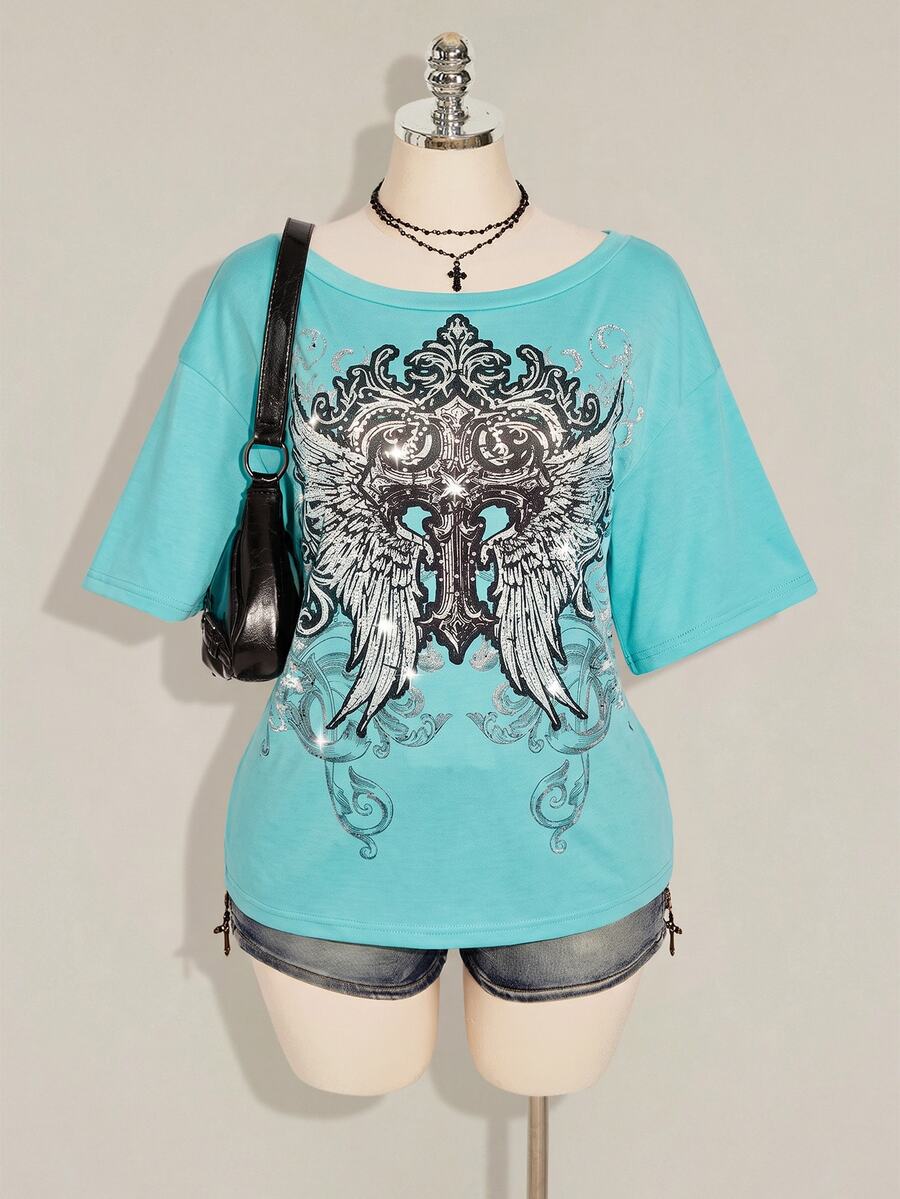 SHEIN ICON Plus Size Women's Gothic 90s Y2k Cross Pattern T-Shirt Office Black Summer - Blue - View 1