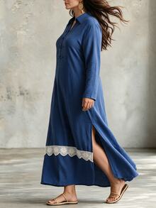 Linhara CURVE Fashion Casual French Vintage Elegant Commuter Blue Frog Button Lace Patchwork Dress - Blue - View 6