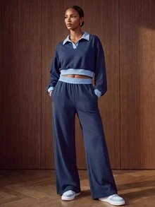 Zivah Women's Colorblock Long Sleeve Top And Pants Casual Daily Sportswear Set - Blue - View 8