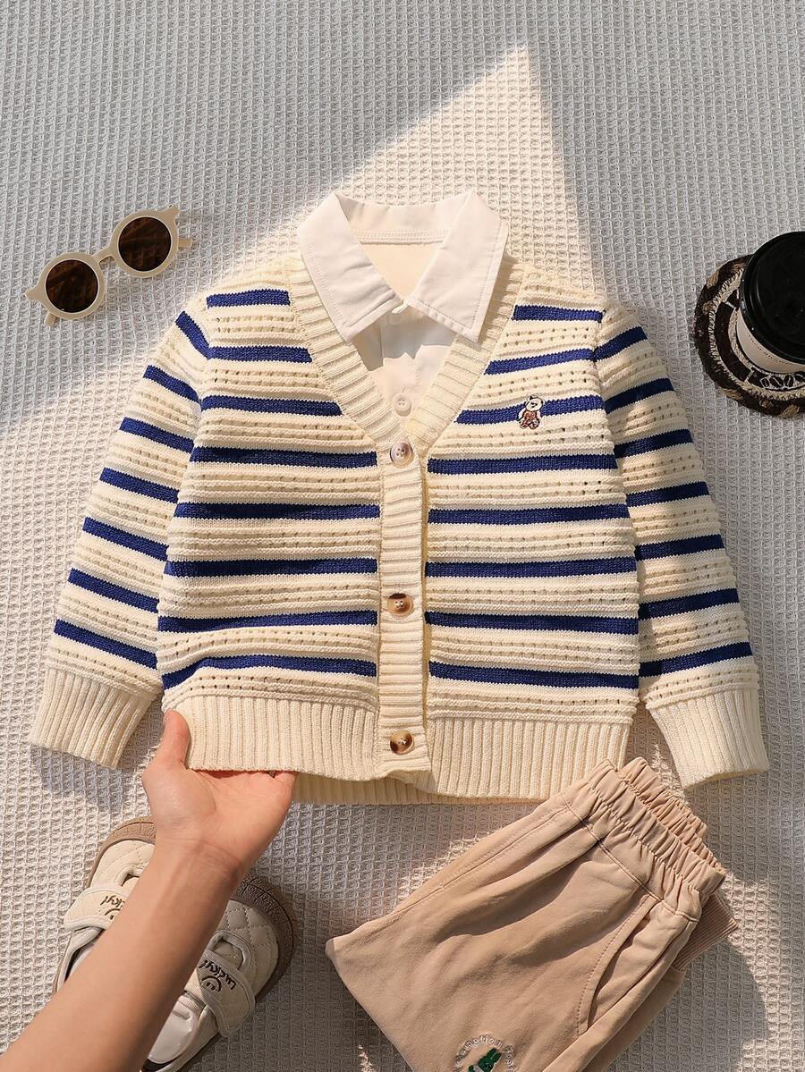 SHEIN 小男孩秋冬字母印花寬鬆開襟毛衣 - 藍白色 - 查看 1