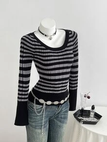 Elamini Women's Autumn/Winter Lazy Striped Fitted Long Sleeve Knit Top - Black - View 3