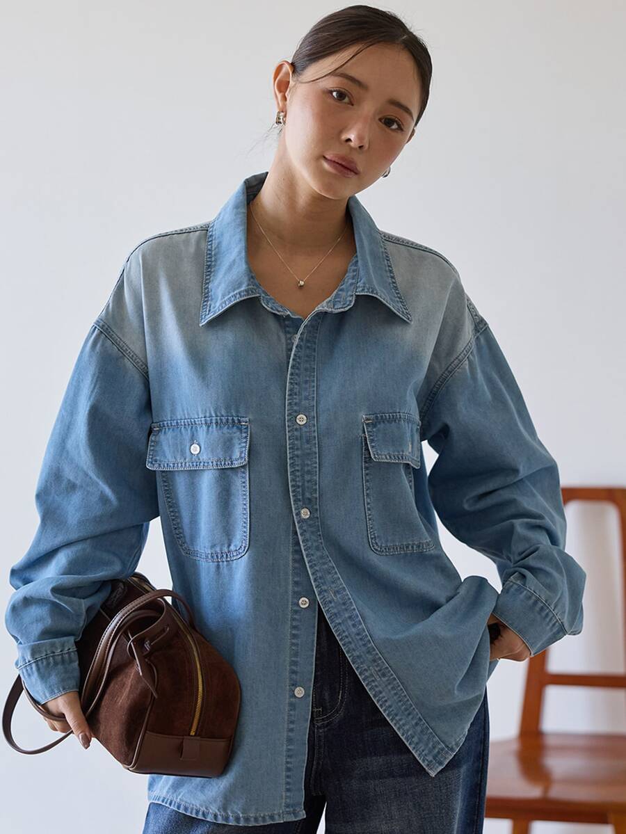 Dazy-Less Women's Single-Breasted Casual Daily Long Sleeve Denim Top - Blue - View 1
