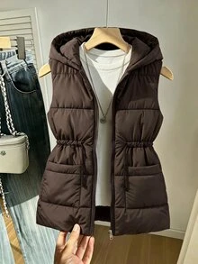 SHEIN 青少年女孩連帽羽絨背心 抓絨內裡 秋冬抽繩收腰外套 - 咖啡棕 - 查看 1