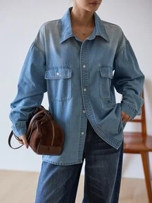 Dazy-Less Women's Single-Breasted Casual Daily Long Sleeve Denim Top - Blue - View 4