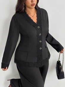 Firerie Plus Size Lace Patchwork Button Long Sleeve Blazer - Black - View 7