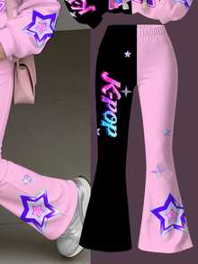 SHEIN 兒童小女孩字母卡通 K-Pop 印花長袖秋季運動衫與運動長褲休閒日常套裝 - 彩色 - 查看 3