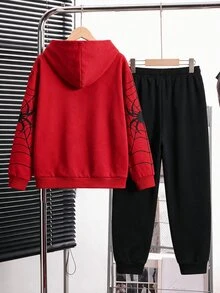 SHEIN Tween Boy Casual Minimalist Long Sleeve Hooded Comfortable Sweatshirt 2 Pieces Set, Suitable For Autumn/Winter, Classic Cool Spider Graphic Print, Classic Spider Web Graphic Print - Multicolor - View 4