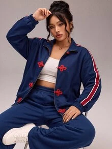 SHEIN BASICS Áo khoác size lớn phong cách vintage kẻ sọc phối màu nút cài hình ếch - Màu xanh hải quân - Xem 4