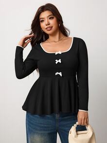 Enliva Plus Size Women's Color Block Collar Butterfly Decoration Long-Sleeve T-Shirt Apple,Rounded Body - Black and White - View 5