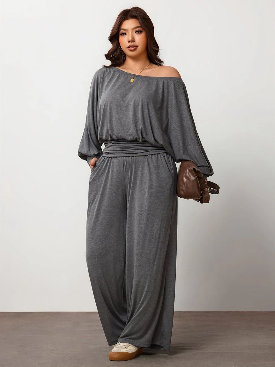 Enliva Plus Size Women's Autumn Casual Everyday Comfortable Off-Shoulder T-Shirt Set Apple,Rounded Body - Grey - View 1
