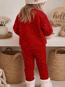 SHEIN 聖誕新年紅色亮片圓點、甜美復古女孩手寫「Holly Jolly」字母，女嬰休閒舒適抓絨內裡寬鬆圓領衛衣與運動褲2件套，適合秋冬日常穿著，慵懶隨性復古聖誕，限量節日禮物，快樂假期姐妹裝，舒適氛圍 - 彩色 - 查看 6