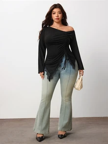Enliva Plus-Size Women's Lace-Trimmed Asymmetrical T-Shirt With Bow Hourglass - Black - View 6
