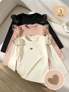 SHEIN 3件組女童秋冬荷葉袖針織刺繡愛心長袖T恤 開學季 黑色、嬰兒粉、白色 仙女風 - 彩色 - 查看 8