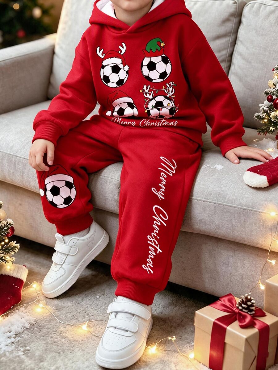 SHEIN Tween Boy Casual Minimalist Long Sleeve Hooded Comfortable Sweatshirt 2 Pieces Set, Suitable For Autumn/Winter, Classic Cool Christmas Football Graphic Print, Perfect For Christmas - Multicolor - View 1