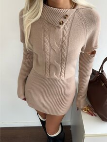 Sweetra Asymmetrical Collar Detachable Sleeve Knit Dress - Mocha Brown - View 7