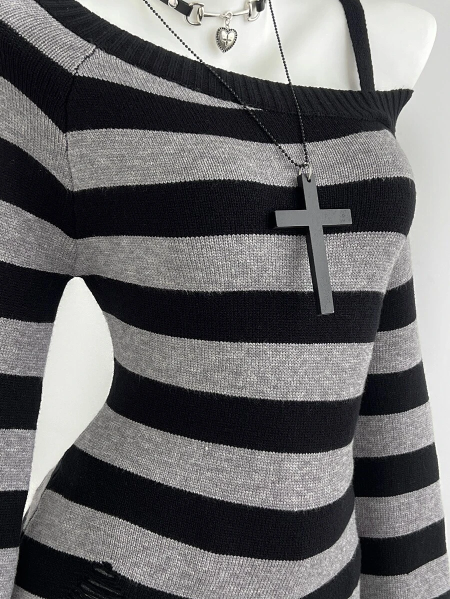 Elamini Women's Autumn/Winter Long Sleeve Asymmetrical Shoulder Flared Sleeve Striped Knit Sweater - Black - View 1