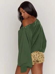 MUSERA 不對稱單肩鉚釘後背翅膀設計大廓形收腰連身毛衣 Y2K 酷女孩街頭風 日常休閒 秋冬春夏度假款 - 綠色 - 查看 4