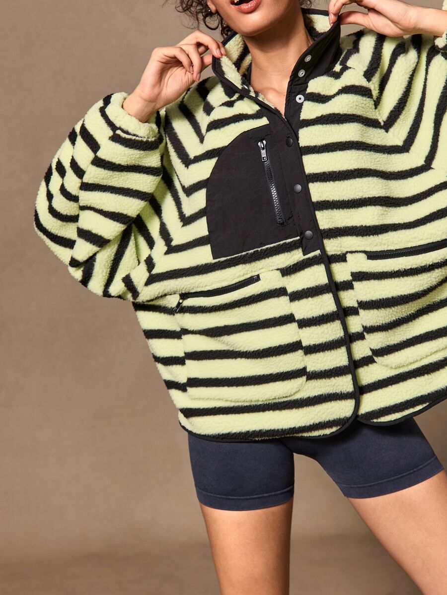 VARSIVA Striped Button Pocket Long Sleeve Sports Jacket - Multicolor - View 1