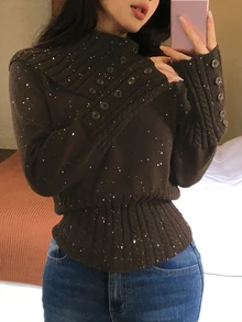 DAZY Women's Sequin Button Long Sleeve Vintage Sweater - Brown - View 4