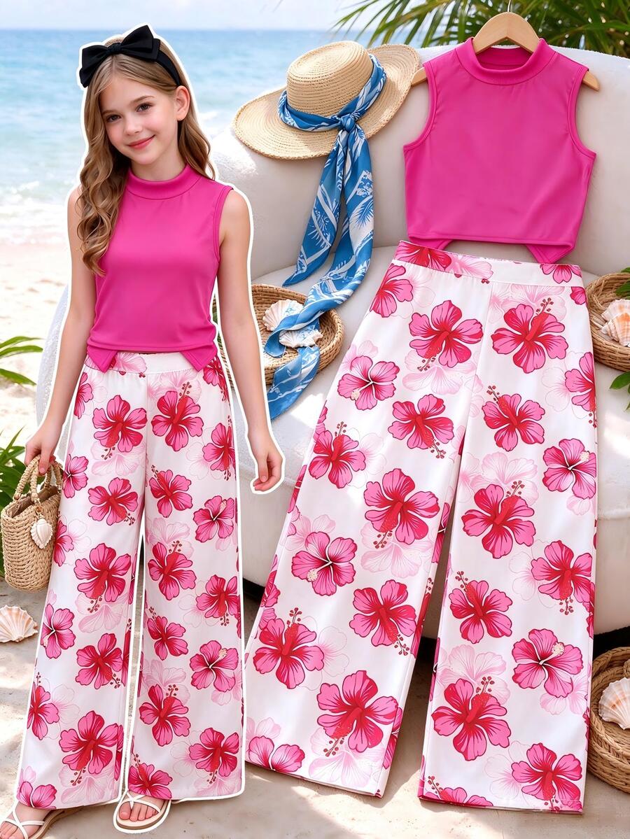 Tween Girl Solid Color Round Neck Tank Top And Floral Print Wide Leg Pants Casual Set - Light Grey - View 1