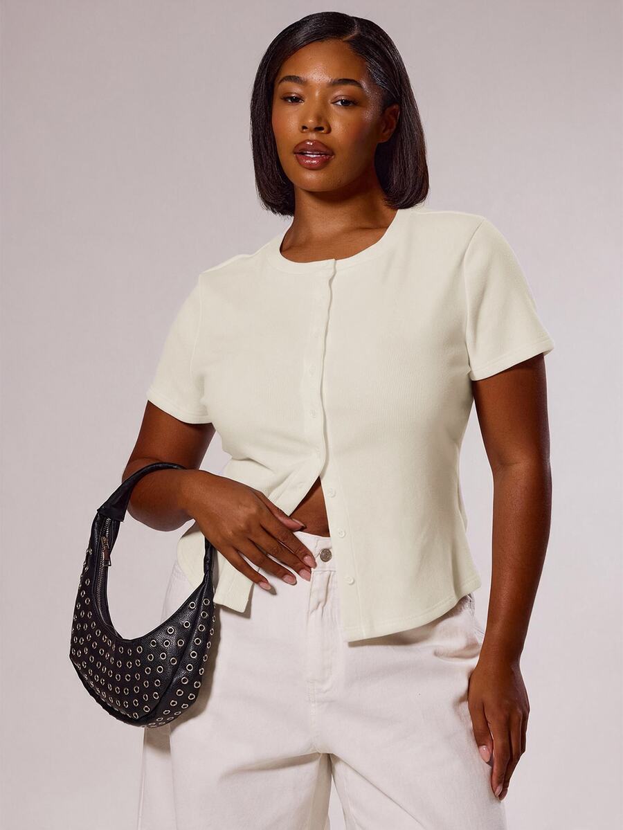 MUSERA Plus Size Button Down Fitted Short Sleeved Top Elegant Classy Vacation Holiday Cute Holiday Romantic 90's Y2k Spring Summer Casual Fall Autumn - Beige - View 1