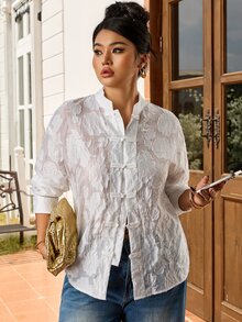 EastFlair Plus Size Women's Elegant Long Sleeve Blouse With Floral Embroidery And Frog Button Placket - White - View 6