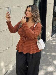 Vionelle Sweetheart Collar Front Drawstring Ribbed Long Sleeve T-Shirt, Plus Size Fall Cloth For Women - Burnt Orange - View 4