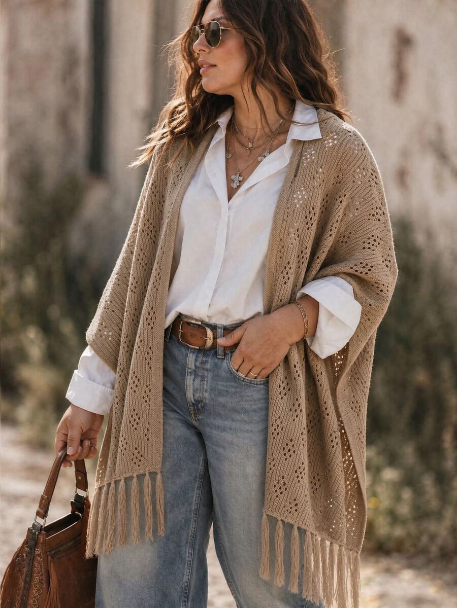 Nubod Plus Size Hollow Out Tassel Knit Cardigan - Camel - View 1