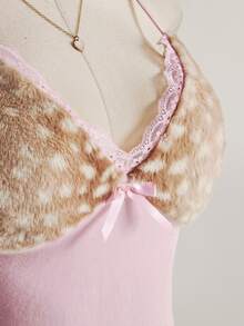 SHEIN ICON Women's Plus Size Faux Fur Deer Print Pink Camisole - Pink - View 3