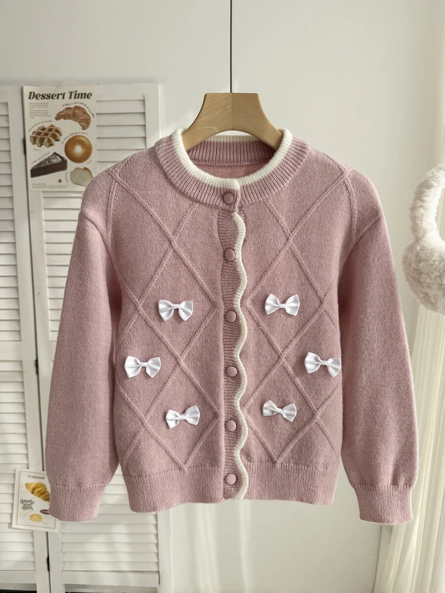 Girls' (Large) Cardigan, Handmade Cream White Bow, Pink Fabric Buttons, Ruffle Hem, Twisted Rope Diamond Lattice Front, Fashionable Versatile Pink Cardigan - Pink - View 1