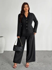 Firerie Plus Size Lace Patchwork Button Long Sleeve Blazer - Black - View 3
