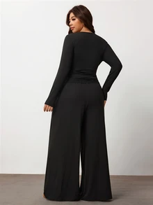 Enliva Plus-Size Women's Fitted Waist Stretch Knit Black Top Set, For Commuting Pear Body,Triangle Body - Black - View 2