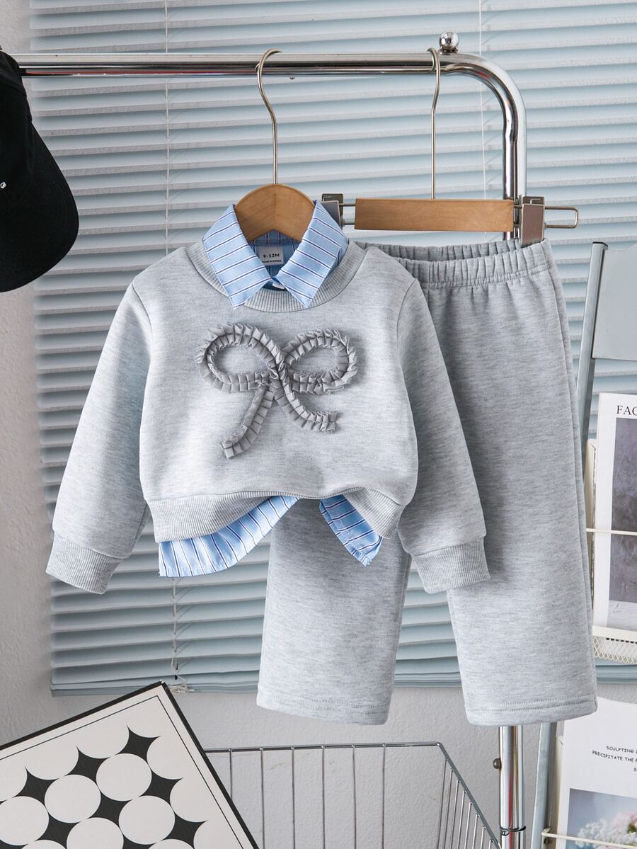 Baby Girl Bow Pattern Contrast Color Long Sleeve Sweatshirt And Pants Set - Light Grey - View 1
