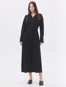 KÆRIA Hus Ruched Maxi Shirt Dress - Cupro-Blend Jersey - Black - Button-Up, Workwear, Evening, Christmas Party - Black - View 1