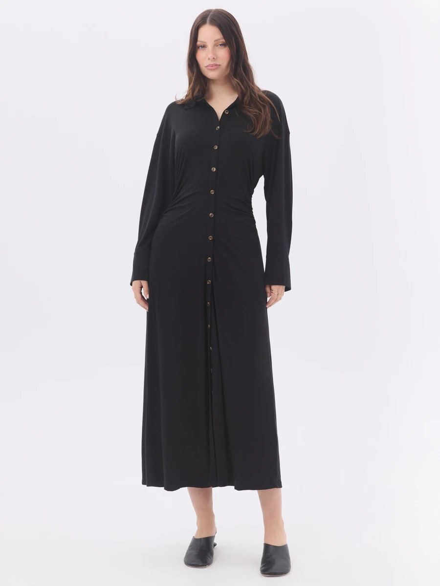 KÆRIA Hus Ruched Maxi Shirt Dress - Cupro-Blend Jersey - Black - Button-Up, Workwear, Evening, Christmas Party - Black - View 1