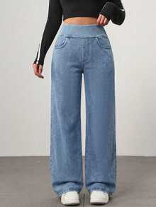 SHEIN Essnce Winter Street Plus Size Pocket Button Denim Light Blue Daily Wear Wide Leg Jeans - Light Wash - View 7