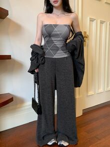DAZY Women's Diamond Pattern Print Tube Top, Wide Leg Pants And Cardigan 3 Pieces Set - Grey - View 8