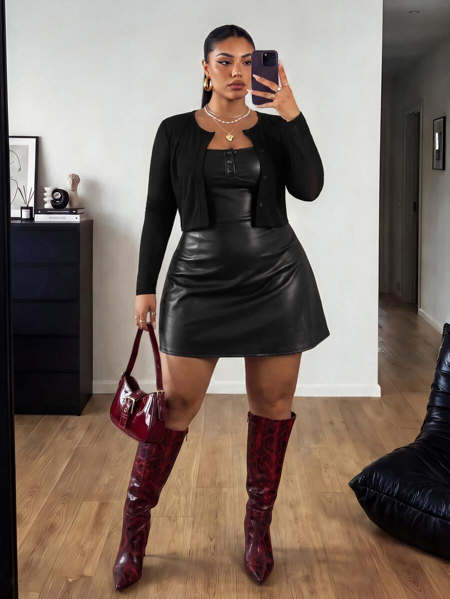 POPSWAY Plus Size PU Cami Dress And Cardigan Top 2 Pieces Set, Autumn/Winter - Black - View 1