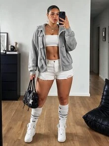 POPSWAY كنزة رياضية كاجوال نسائية مقاس كبير بلون موحد وأكمام طويلة وأكتاف منسدلة وسحاب شتوي - رمادي - مشاهدة 5