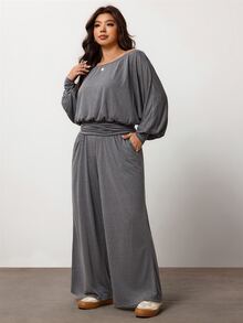 Enliva Plus Size Women's Autumn Casual Everyday Comfortable Off-Shoulder T-Shirt Set Apple,Rounded Body - Grey - View 7