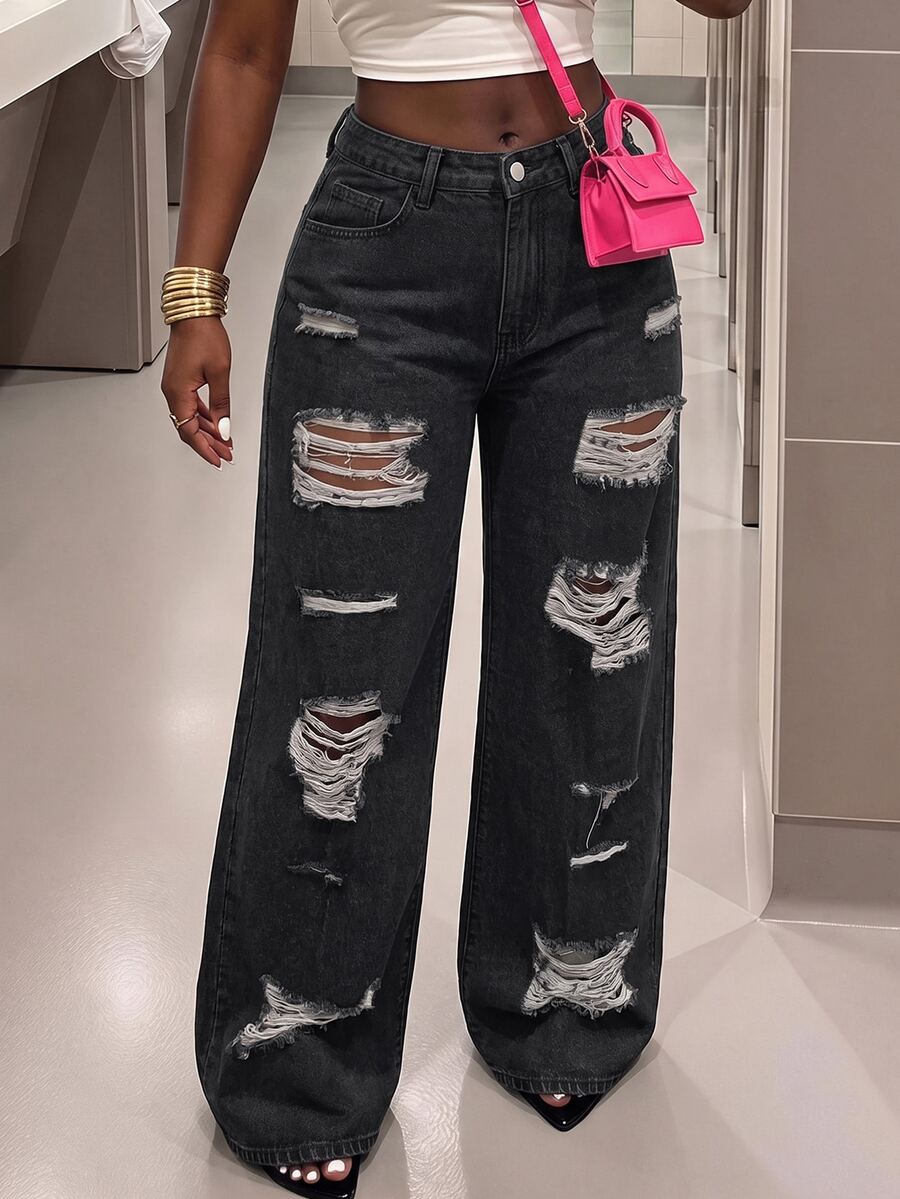 Slaydiva Plus Size Women Distressed Pocket Wide Leg Loose Casual Versatile Jeans - Black - View 1